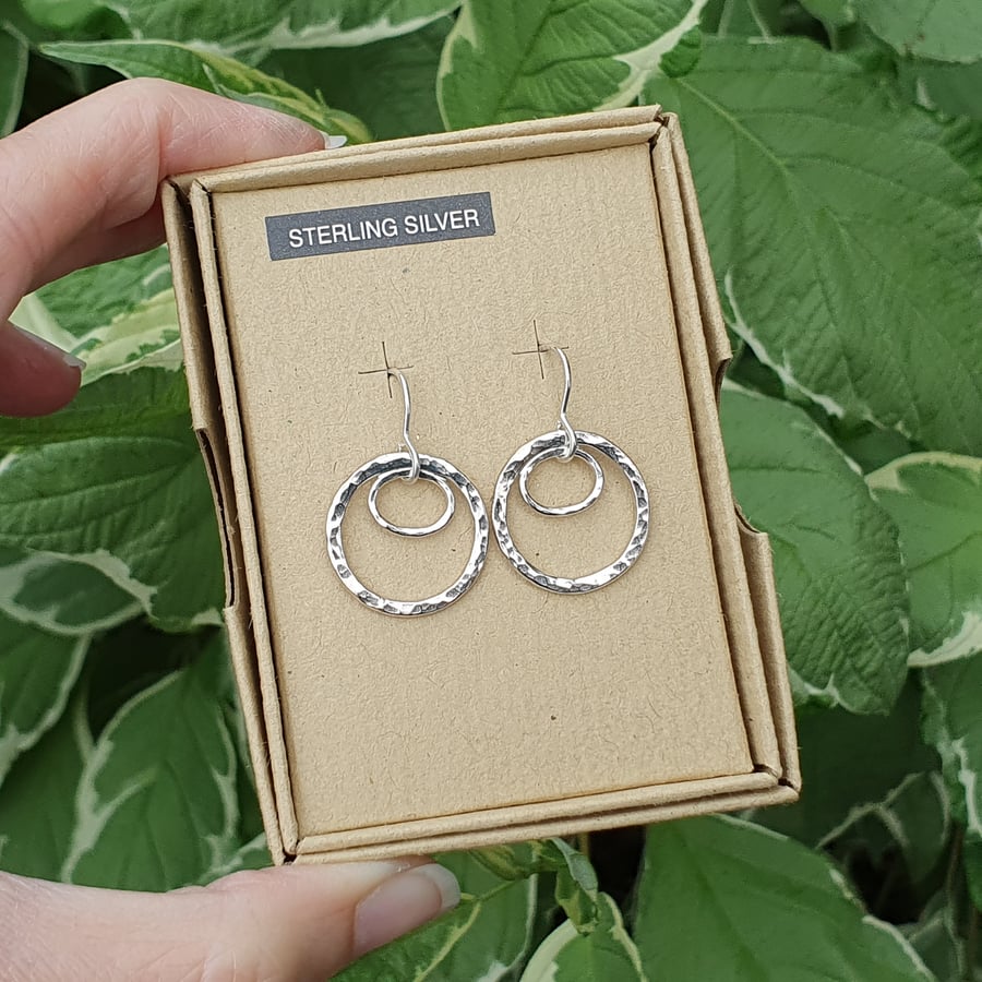 18mm Hammered Circle & Plain Top Oval Dangle Earrings (Sterling Silver) (OOAK)