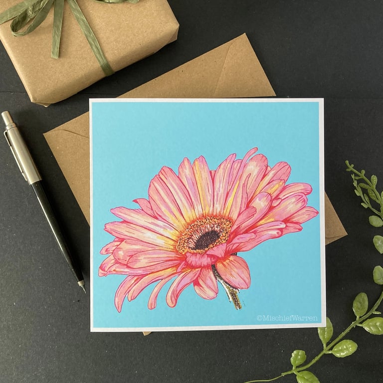 Pink Gerbera Daisy card. Handmade blank floral card from my painting.