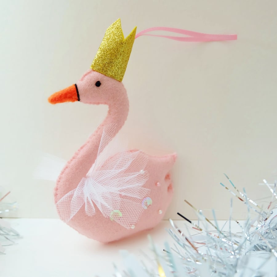 Felt Swan Hand Sewn Christmas Decoration, Pale Pink with Gold Crown