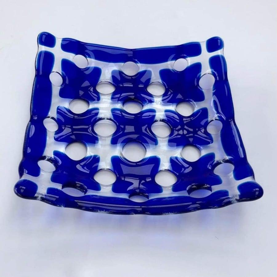 Fused glass blue and clear latticed openwork circles decorative dish 