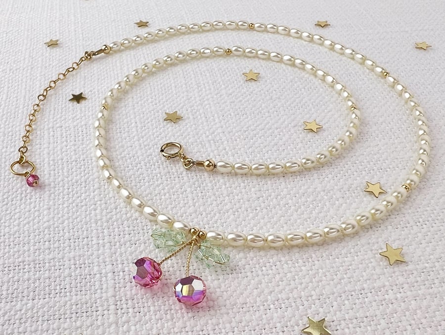 Crystal Cherry Necklace with Pearls in 14k Gold Filled