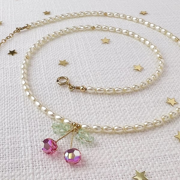 Crystal Cherry Necklace with Pearls in 14k Gold Filled