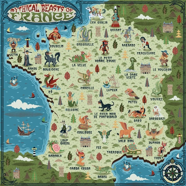 Illustrated Map, Mythical Beasts of France, Art print - Poster