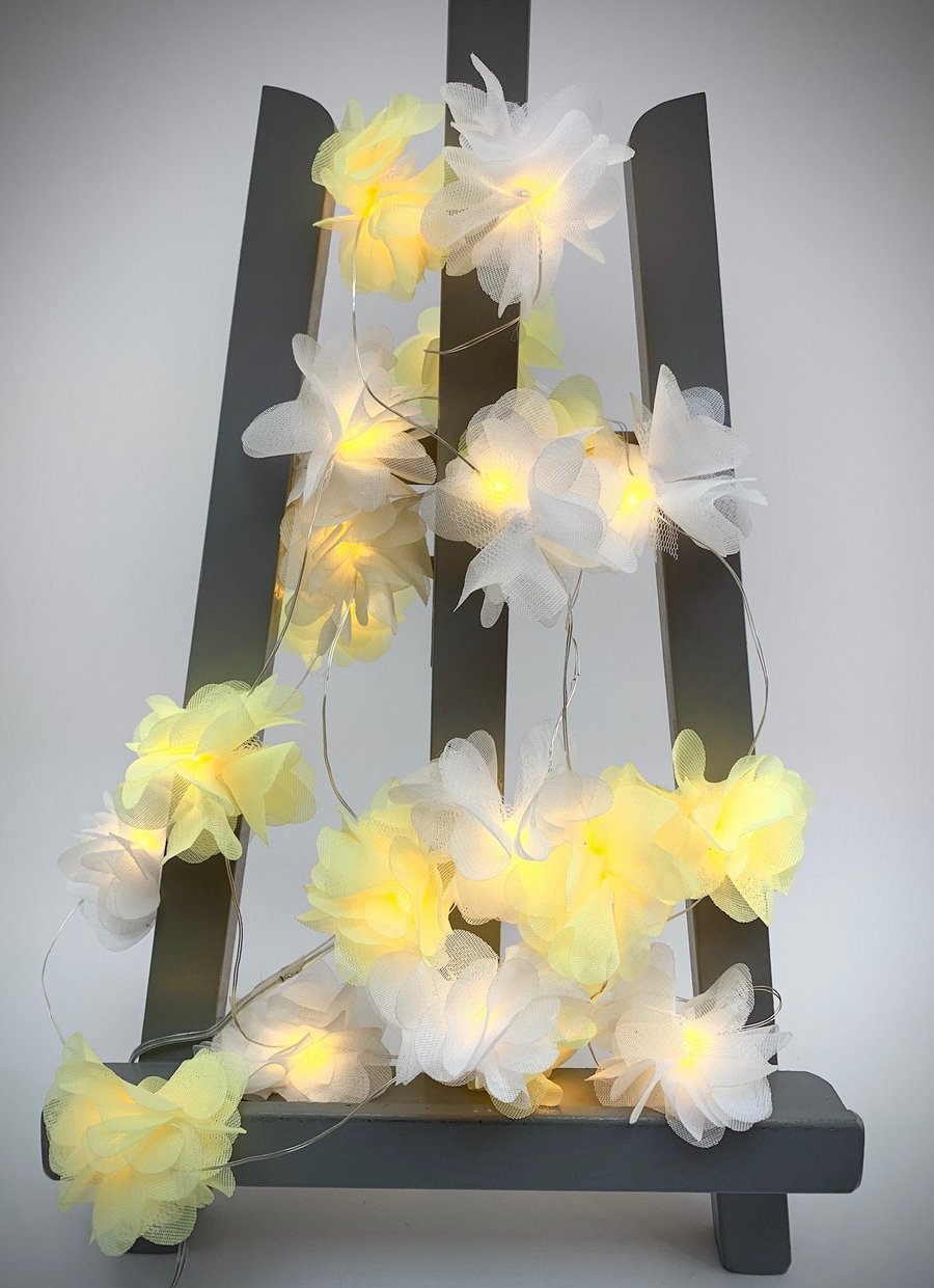 20 chiffon flower Fairy Lights in lemon and white.