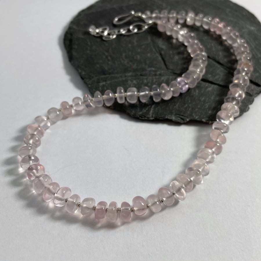 SECONDS SUNDAY SALE Rose quartz and silver necklace hand cut pale pink beads