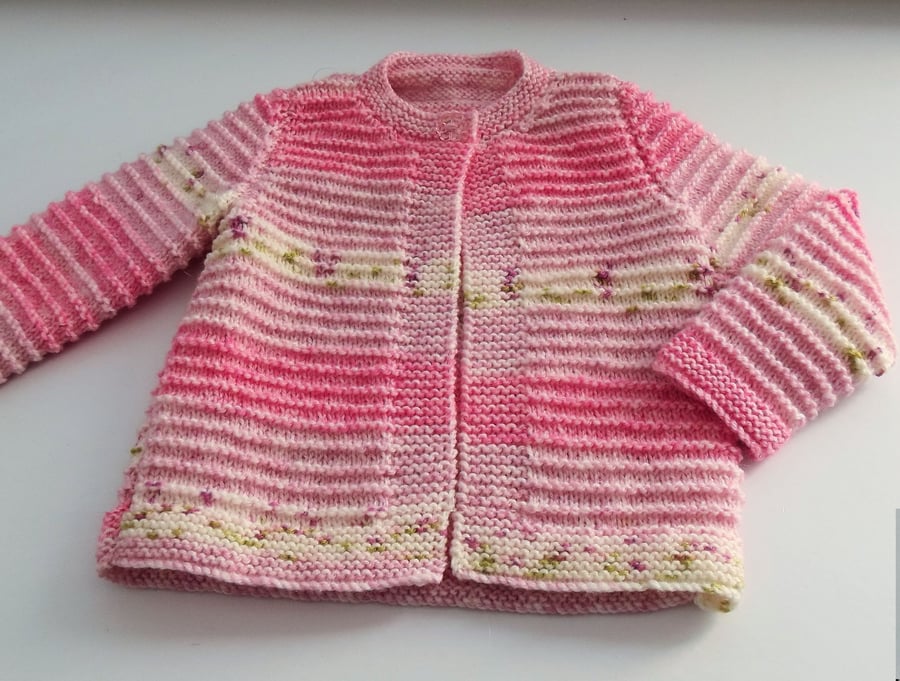 Babies Handknitted Jacket Cardigan, Pink and White, 12 to 18 months, hm158