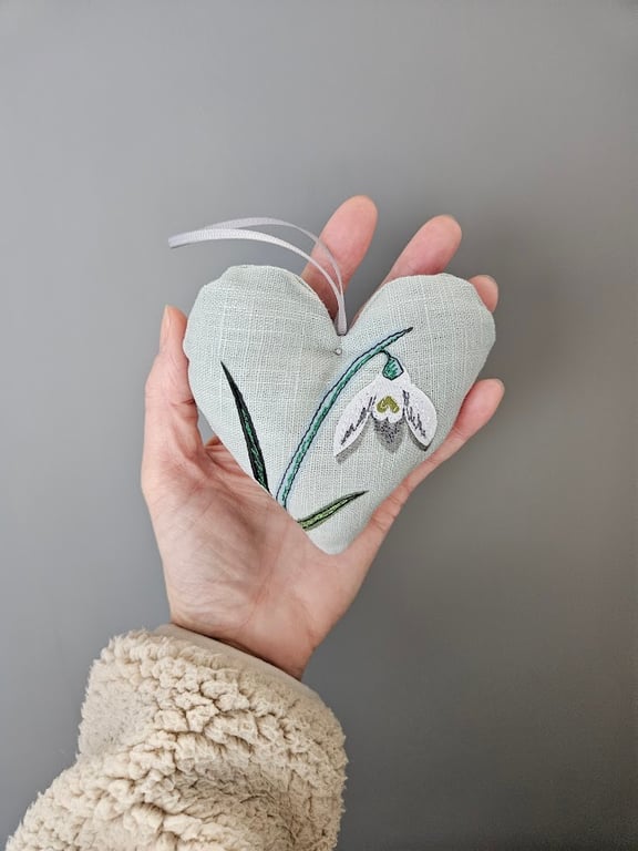 Handmade padded heart hanging decoration, snowdrops, fabric appliqe embroidered 