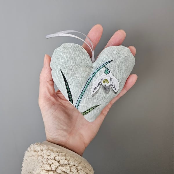 Handmade padded heart hanging decoration, snowdrops, fabric appliqe embroidered 