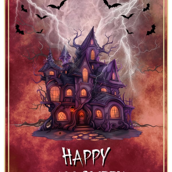 Cartoon Halloween Card, Haunted House, Lightning Galore & Bats! Happy Halloween