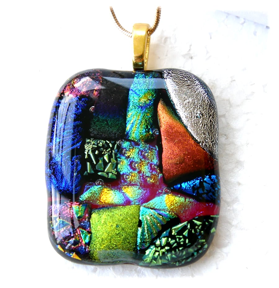 Dichroic Glass S018 Supersize Patchwork 3-layer Pendant with Gold plated chain