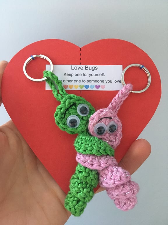 Crochet Love Bug Keyring - Green And Pink - Valentines Gift 
