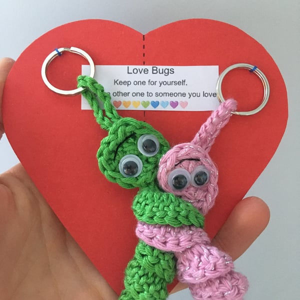 Crochet Love Bug Keyring - Green And Pink - Valentines Gift 