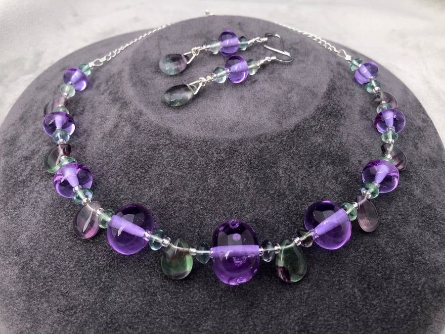 lavender purple lampwork glass and fluorite stone necklace earring set silver