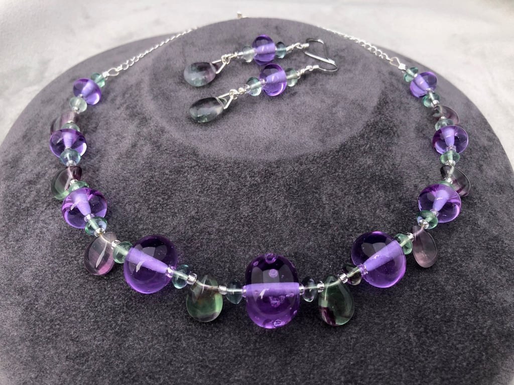 lavender purple lampwork glass and fluorite stone necklace earring set silver