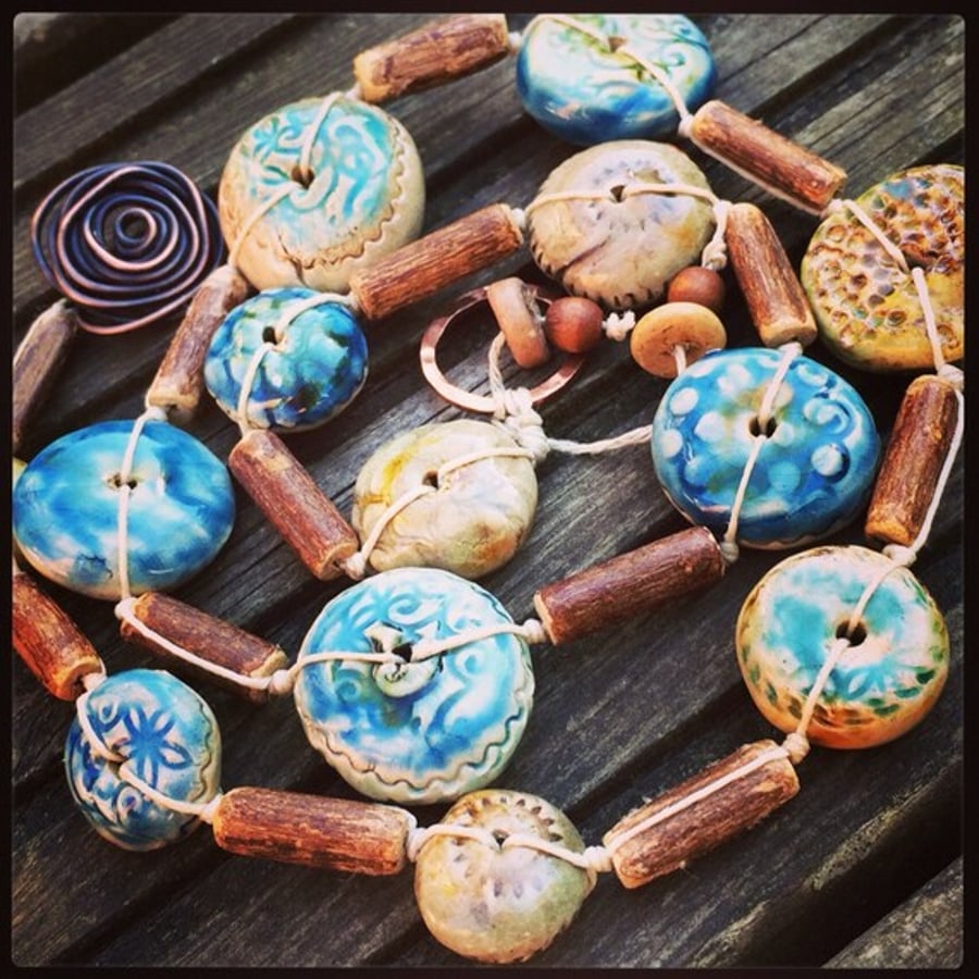Driftwood -Handmade necklace with ceramic artisan beads, vintage wood and copper