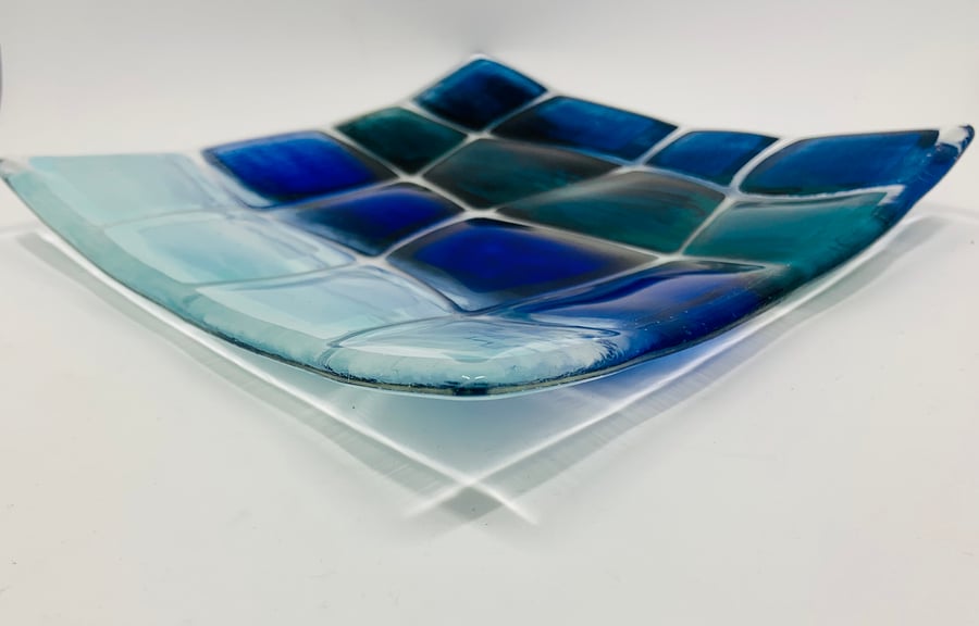 Beautiful Retro Warp effect Blue, Green and Teal enamel painted fused glass dish