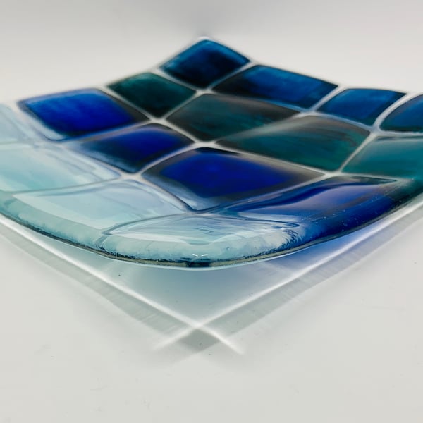 Beautiful Retro Warp effect Blue, Green and Teal enamel painted fused glass dish