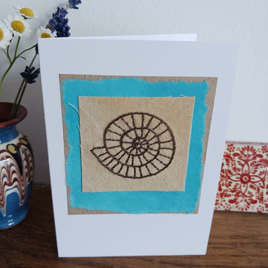 Ammonite hand embroidered mixed media card - CLEARANCE