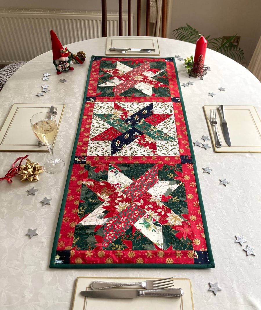 Festive Christmas Table Runner with Holly and Poinsettia printed fabric