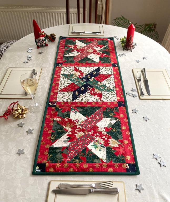 Festive Christmas Table Runner with Holly and Poinsettia printed fabric