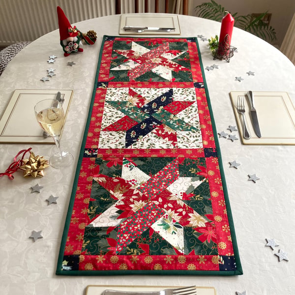 Festive Christmas Table Runner with Holly and Poinsettia printed fabric