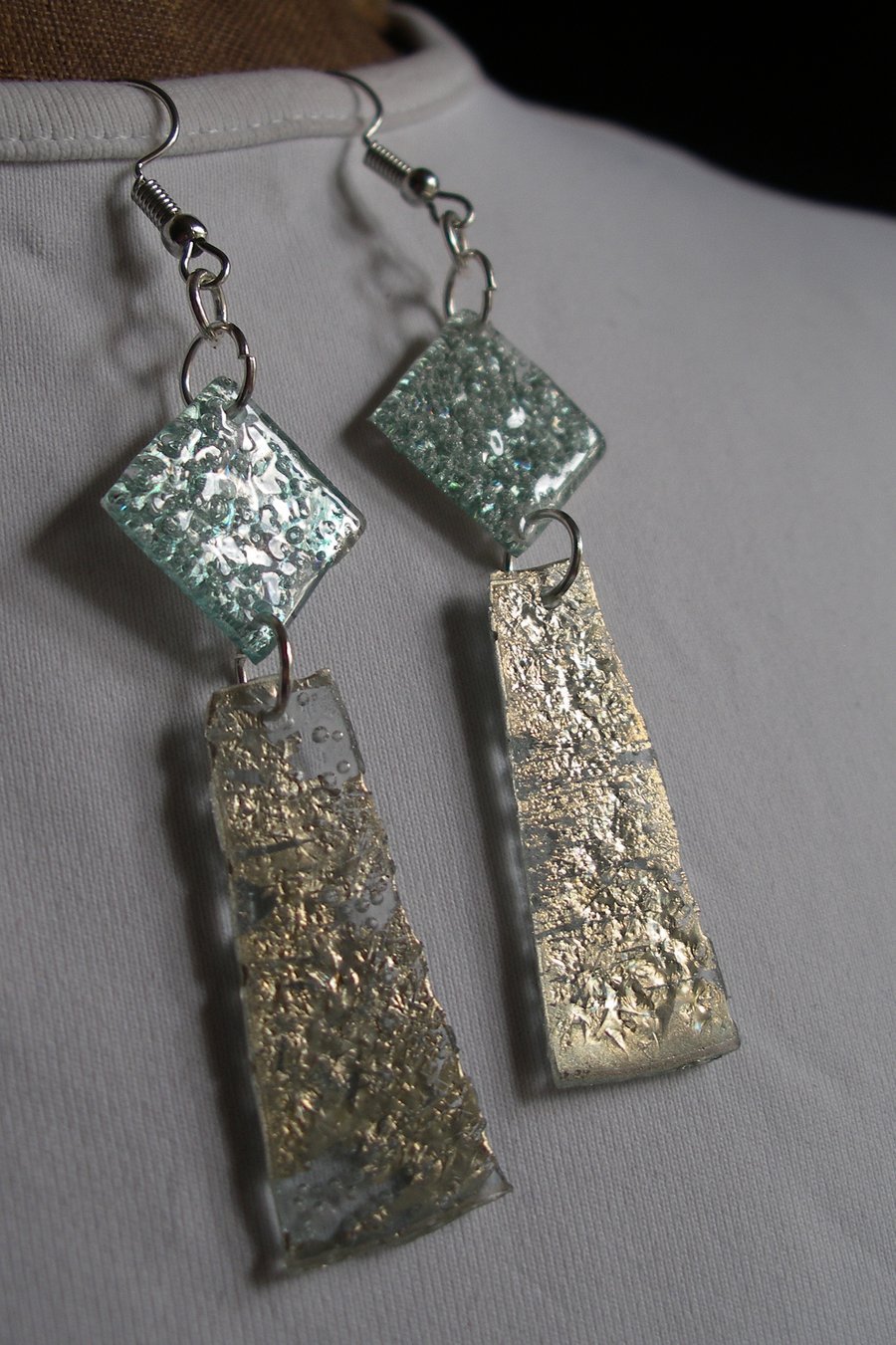 Sea green and silver drop earrings.