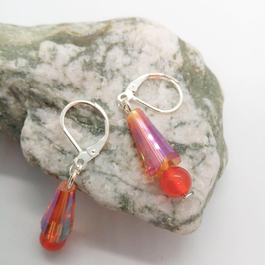 Lever Back Earrings With Orange Tapered Tube Beads And Burnt Orange Beads