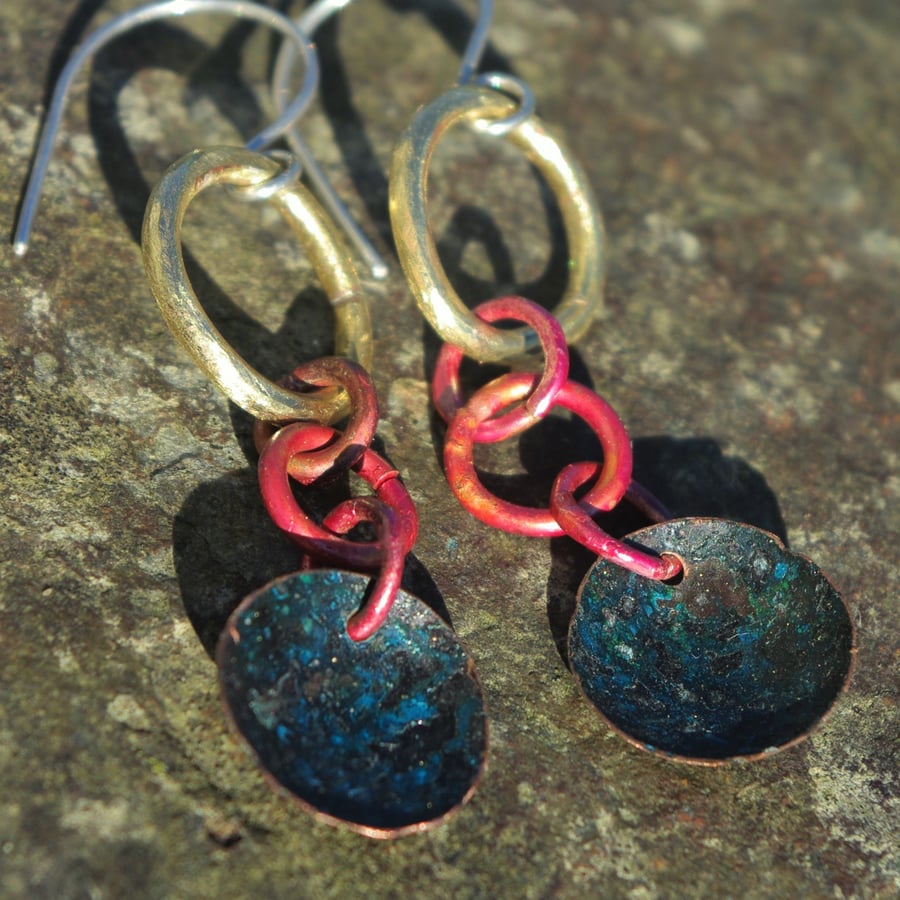 Brass, Copper and Verdigris Statement Earrings