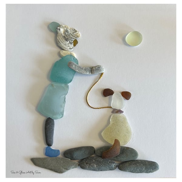 Handmade Sea Glass Dog Walker Picture - Framed 8x8 Sea Glass Art by Sam