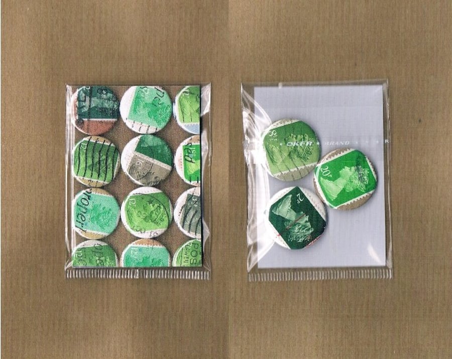 3 x GREENS - Upcycled vintage Machin postage stamp badge & mini notecard