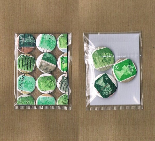 3 x GREENS - Upcycled vintage Machin postage stamp badge & mini notecard