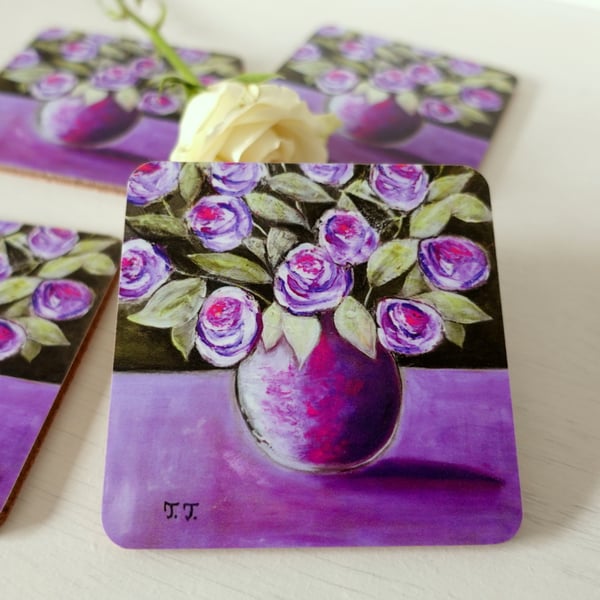 Purple Coasters Art Print Rose Painting Tablescape