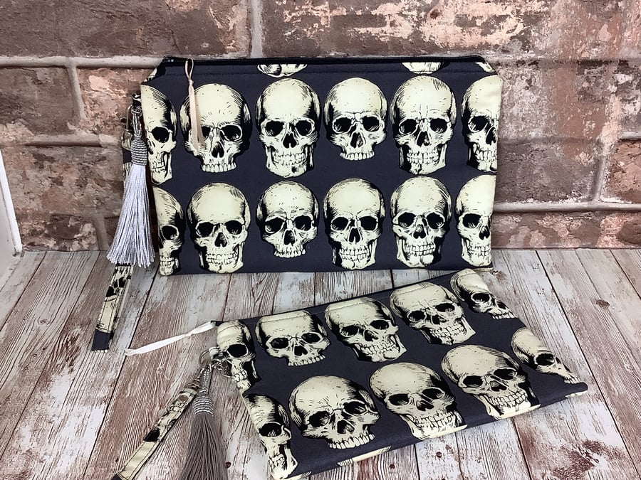 Gothic skulls zip clutch bag, Detachable wrist strap, 2 size options, Handmade