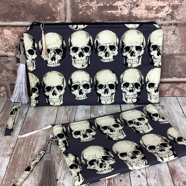 Gothic skulls zip clutch bag, Detachable wrist strap, 2 size options, Handmade