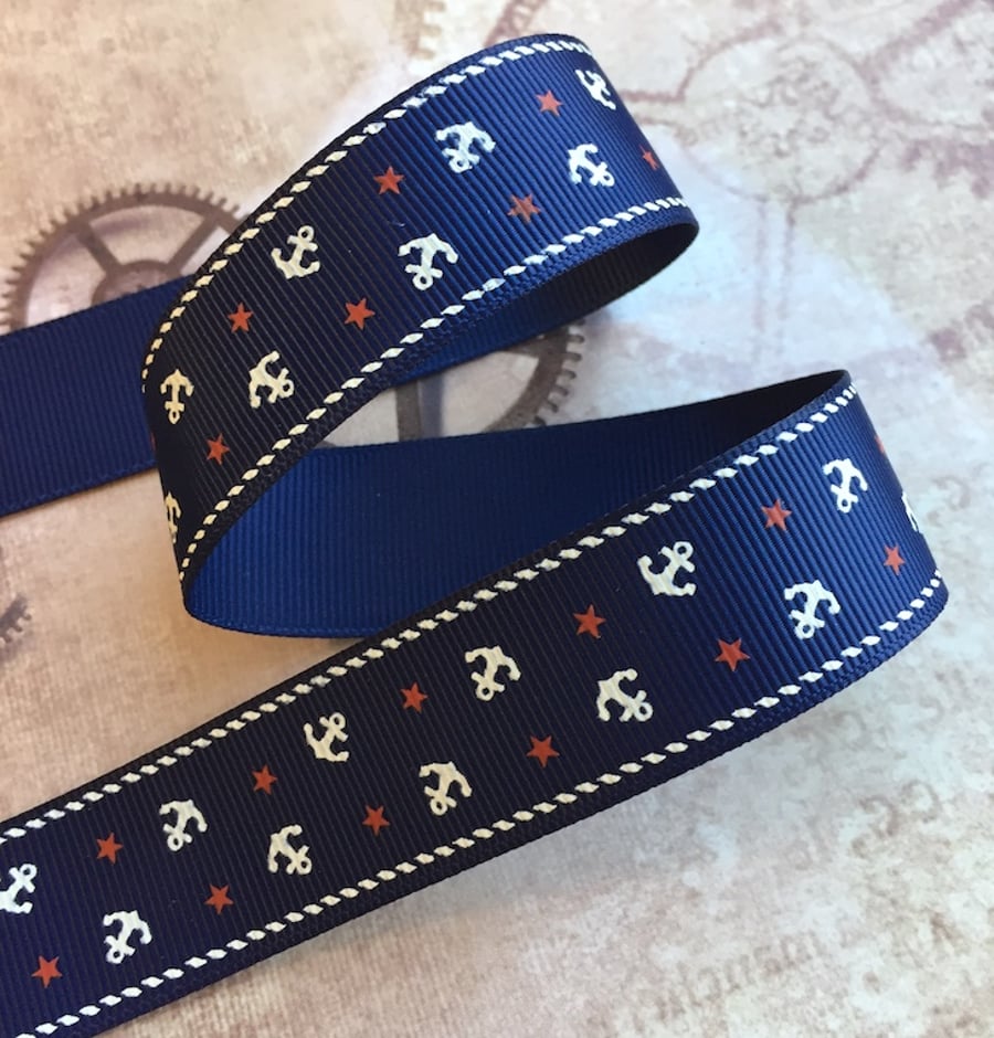 3 meters Blue Nautical 25mm Grosgrain Ribbon with Anchor
