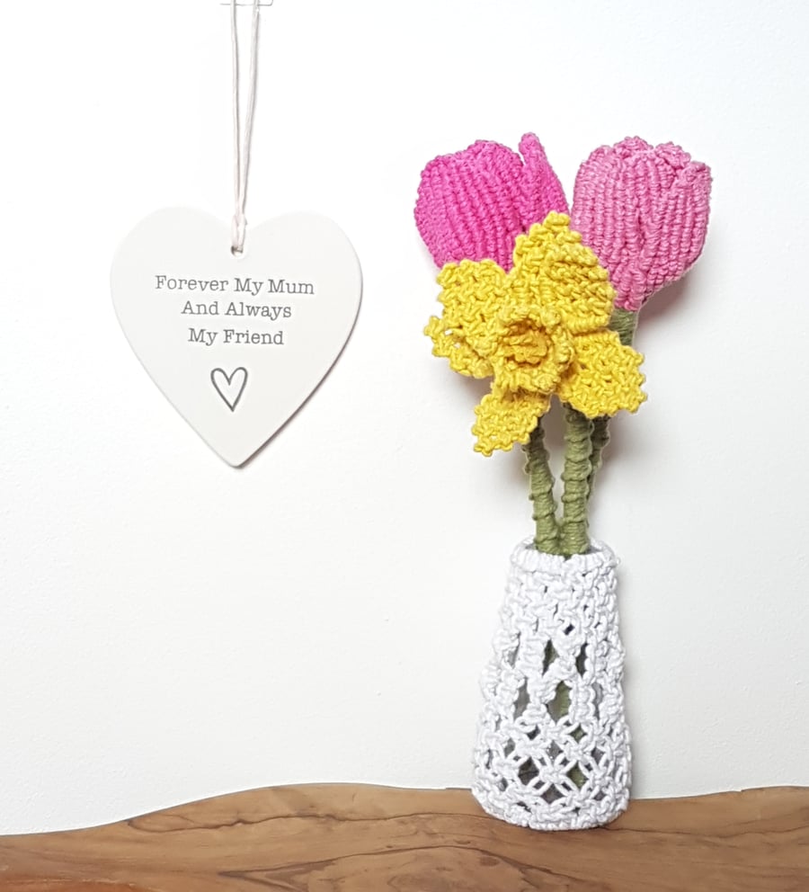 Handmade macrame tulips and daffodil flowers in upcycled vase