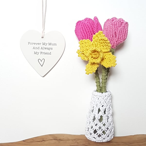 Handmade macrame tulips and daffodil flowers in upcycled vase