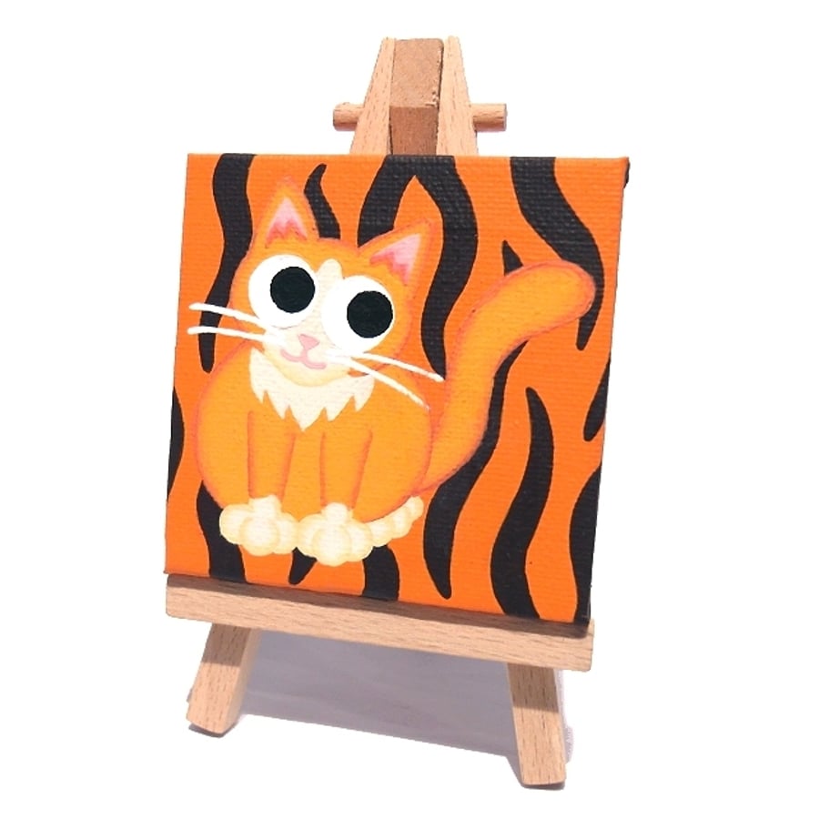 Ginger Cat Painting on Mini Tiger Stripe Canvas - original orange cat art