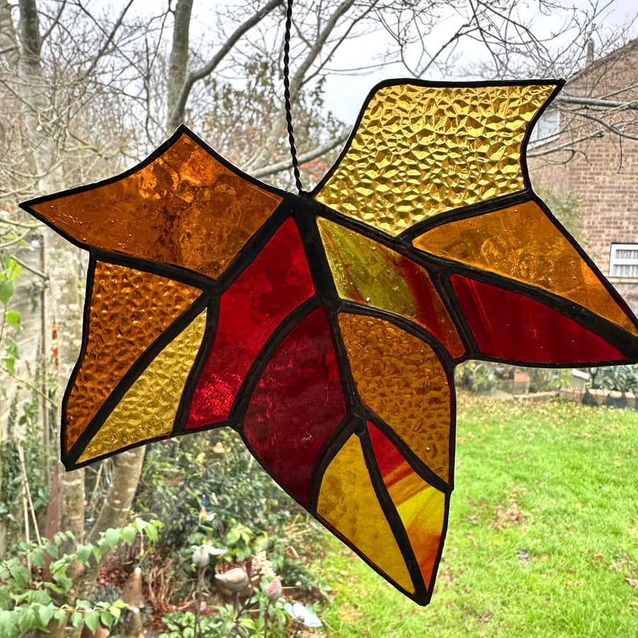 Stained Glass Maple Leaf Suncatcher - Handmade Hanging Window Decoration 