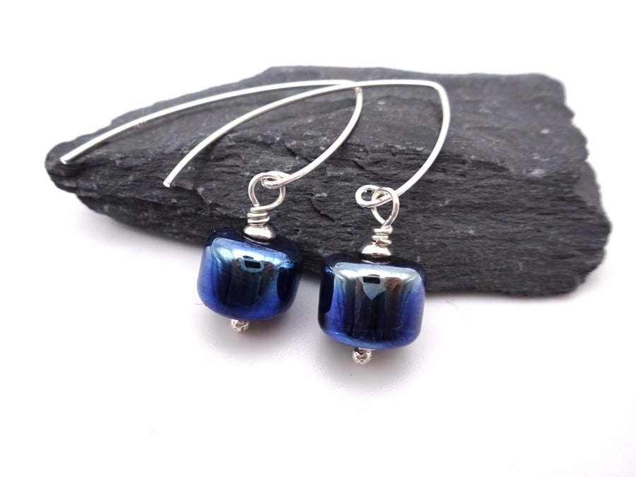 lampwork glass blue metallic earrings