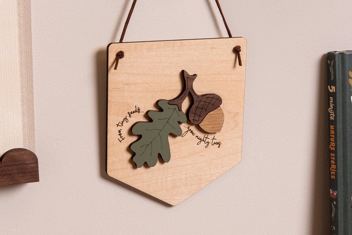Little Acorn 3D Hanging Pennant Flag - Nature Oak. Wall Flag with a Little Acorn