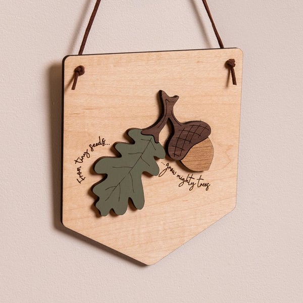 Little Acorn 3D Hanging Pennant Flag - Nature Oak. Wall Flag with a Little Acorn