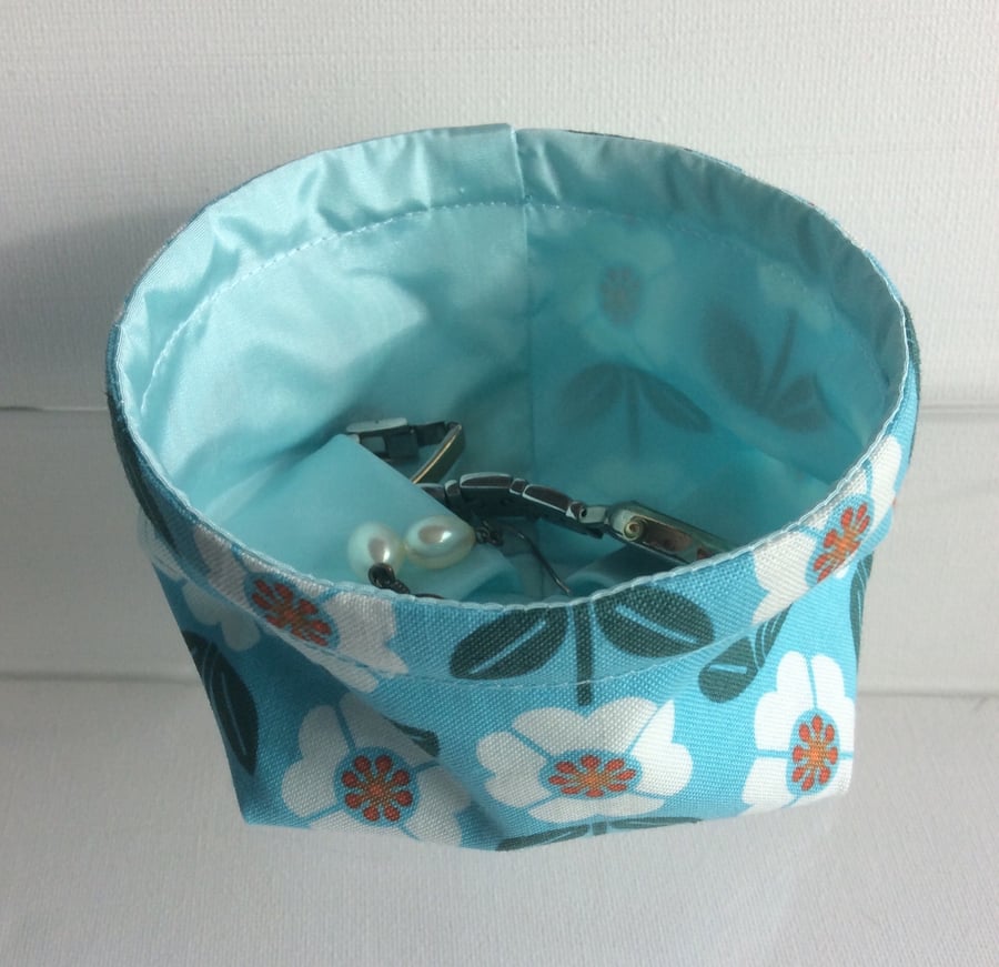 Trinket basket, bowl, fabric, multi purpose storage, flowers on turquoise 