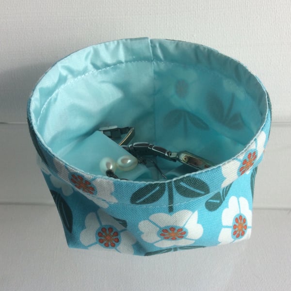 Trinket basket, bowl, fabric, multi purpose storage, flowers on turquoise 