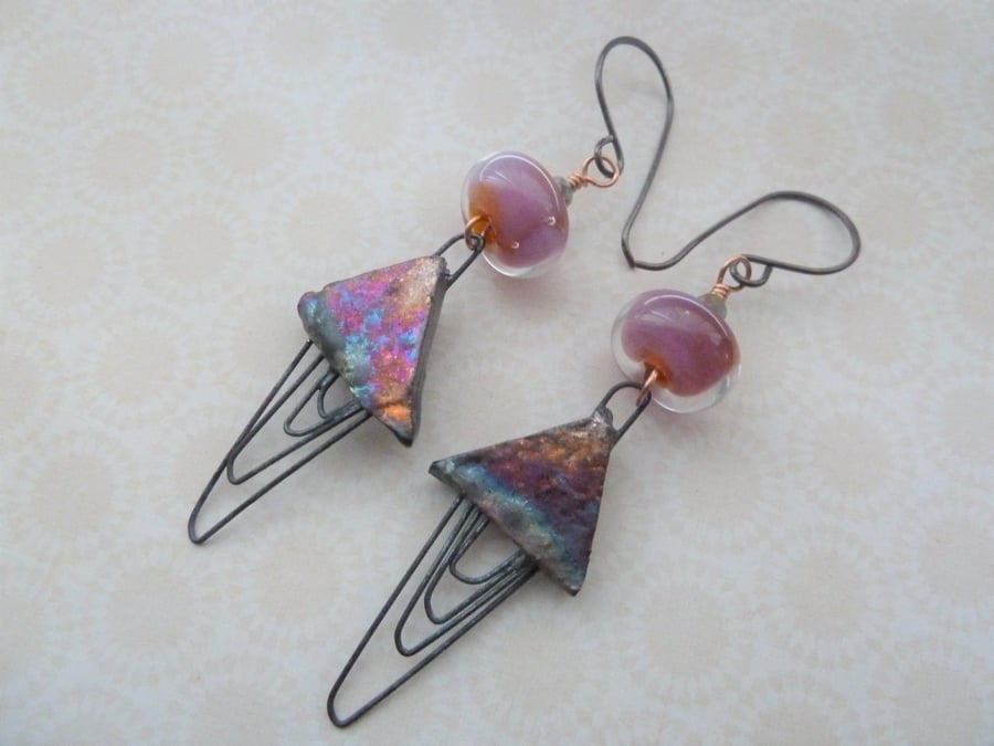 copper and lampwork earrings, pink ceramic jewellery
