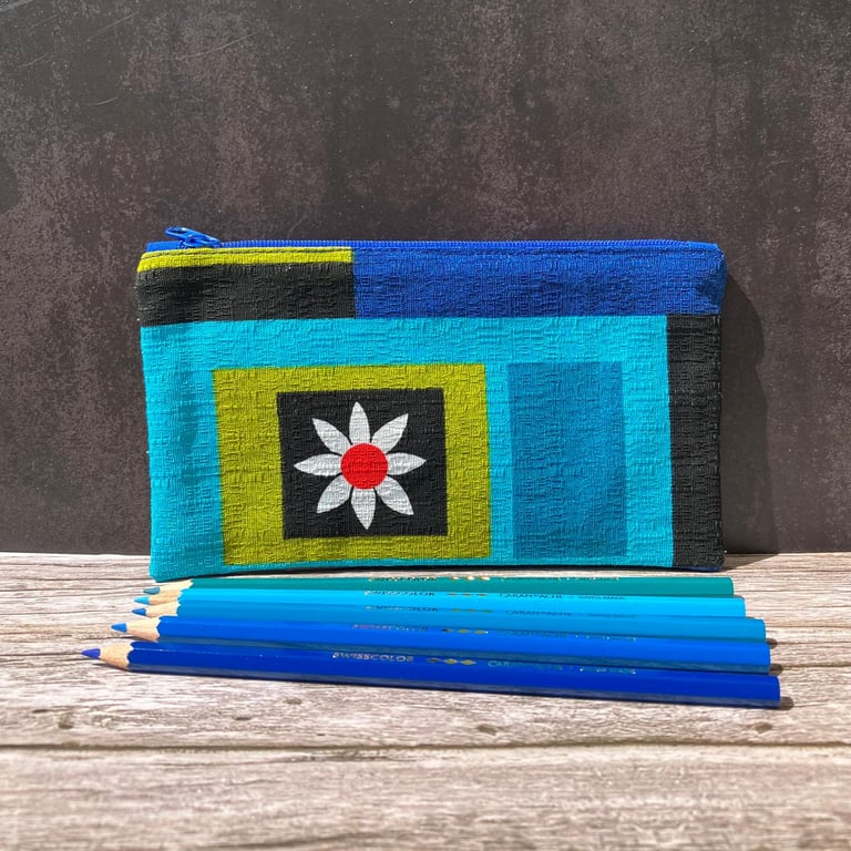 'Eleonore' Pencil Case, 1960s French Vintage Barkcloth Fabric, Royal Blue