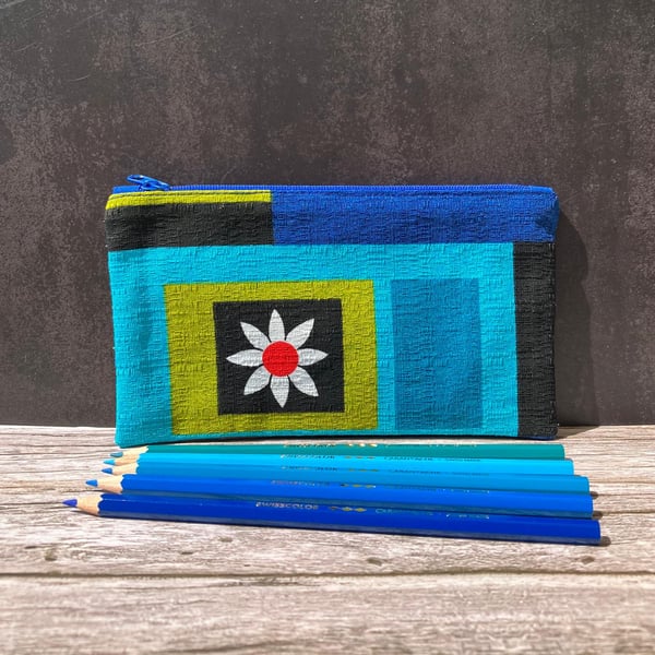 'Eleonore' Pencil Case, 1960s French Vintage Barkcloth Fabric, Royal Blue