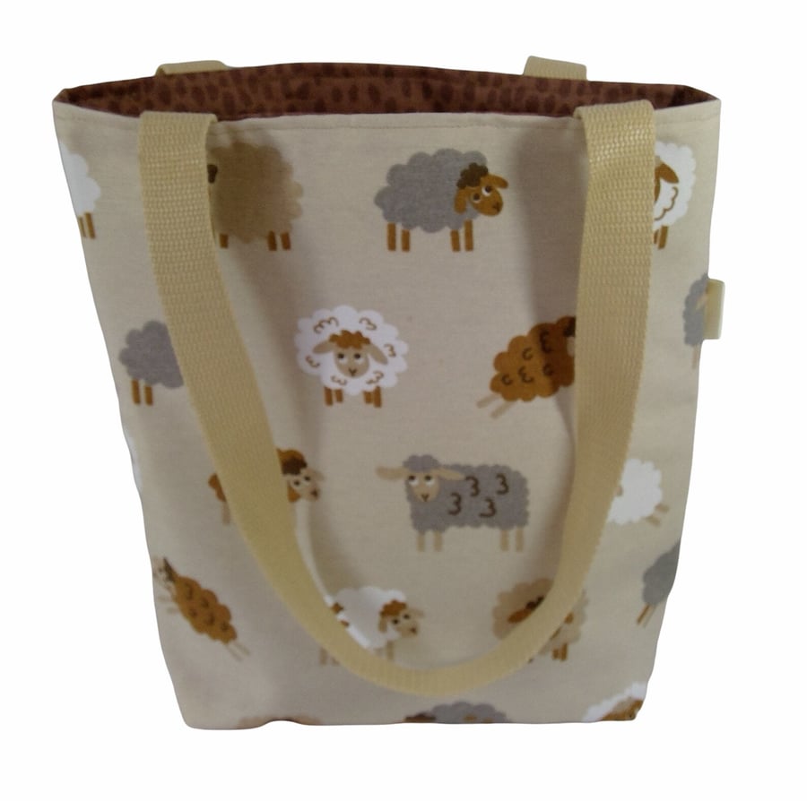 small sheep knitting tote bag, mini lined tote, small canvas shopping bag, girls