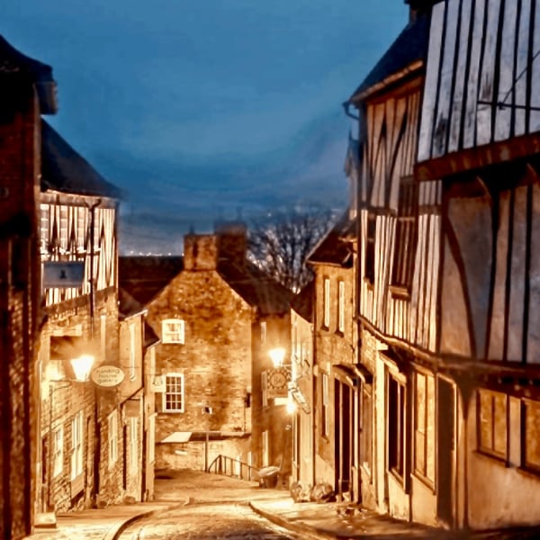 Steep Hill Lincoln at Night - Photographic Print Greetings Card