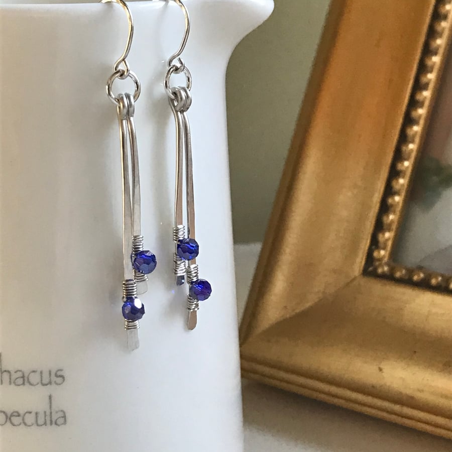Long sterling silver earrings, Blue crystal earrings, Blue earrings